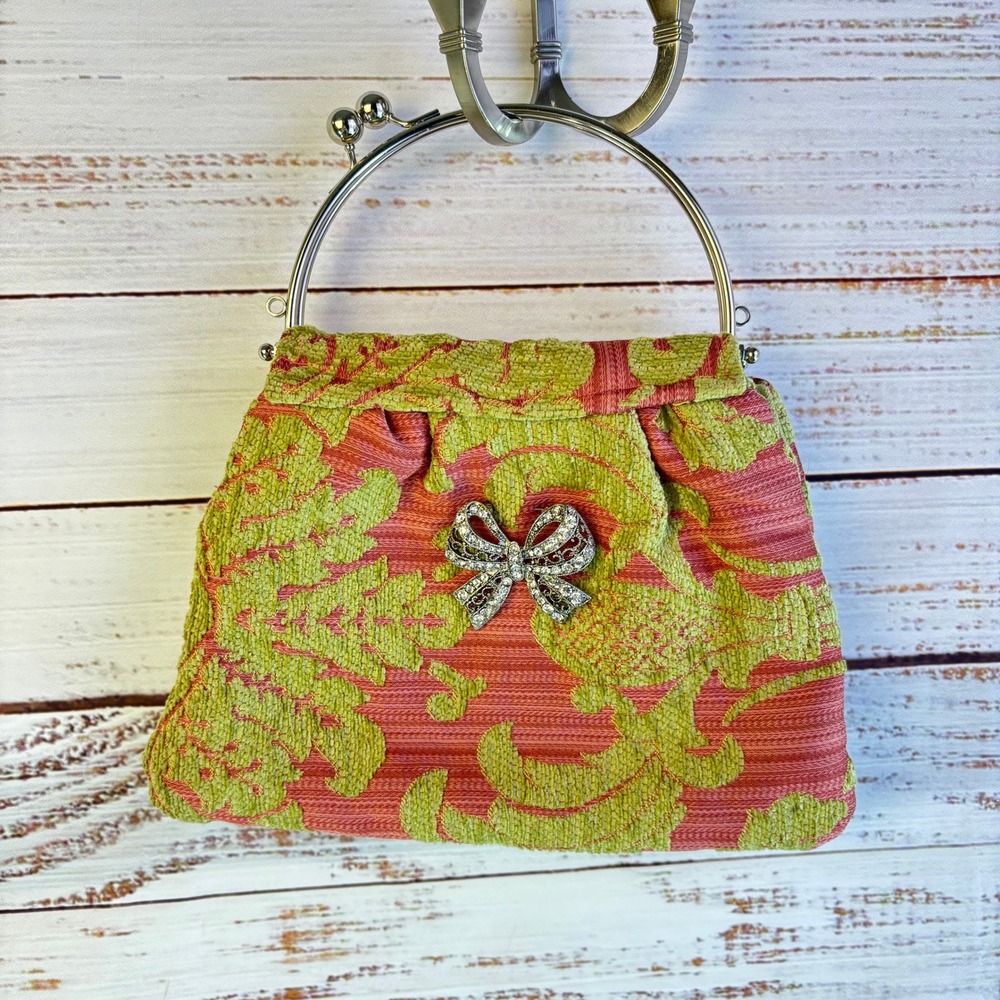 Vintage Kiss-Lock Purse S Pink Green Chenille Damask Rhinestone Bow Coquette Bag - Picture 11 of 13